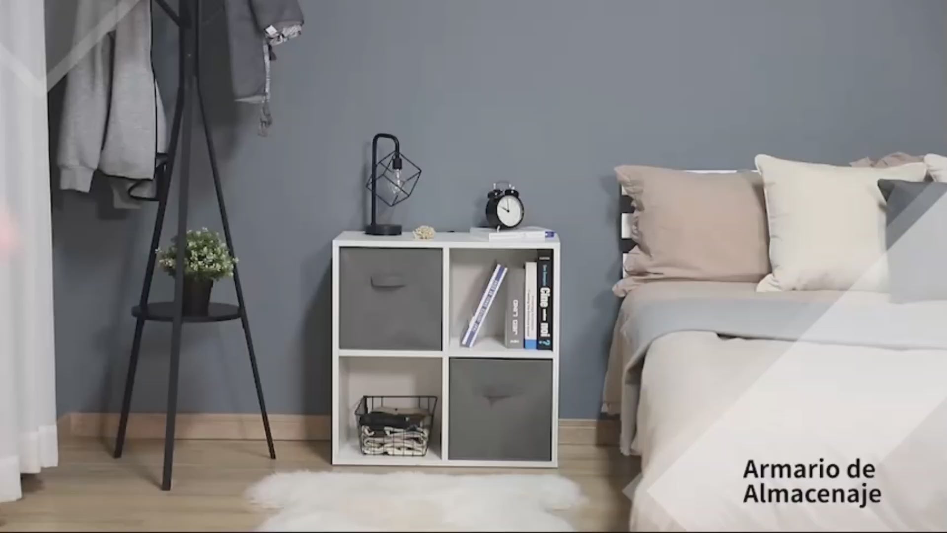 Estante para Livros de 4 Cubos Estante Modular com 2 Cestos Removíveis de TNT para Escritório Estúdio Dormitório 61,5x30x61,5cm Branco e Cinza
