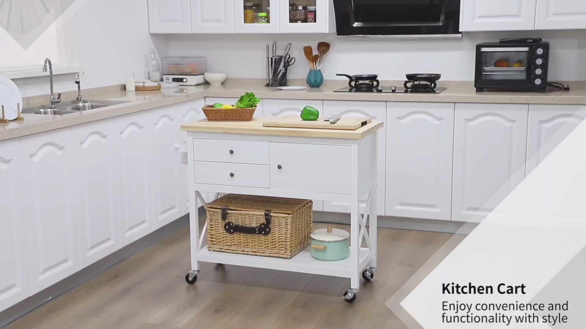 Carrinho de Cozinha com Rodas Aparador Multifuncional com Armário 2 Gavetas Prateleira e Barra para Panos 108x45x89cm Branco