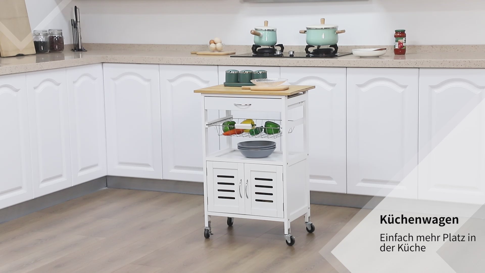 Carrinho de Cozinha com Rodas Carro de Armazenamento Multiúso com Bancada de Bambu Gaveta Cesta Metálica e Armário de 2 Portas de Persiana 58x37x83cm Branco