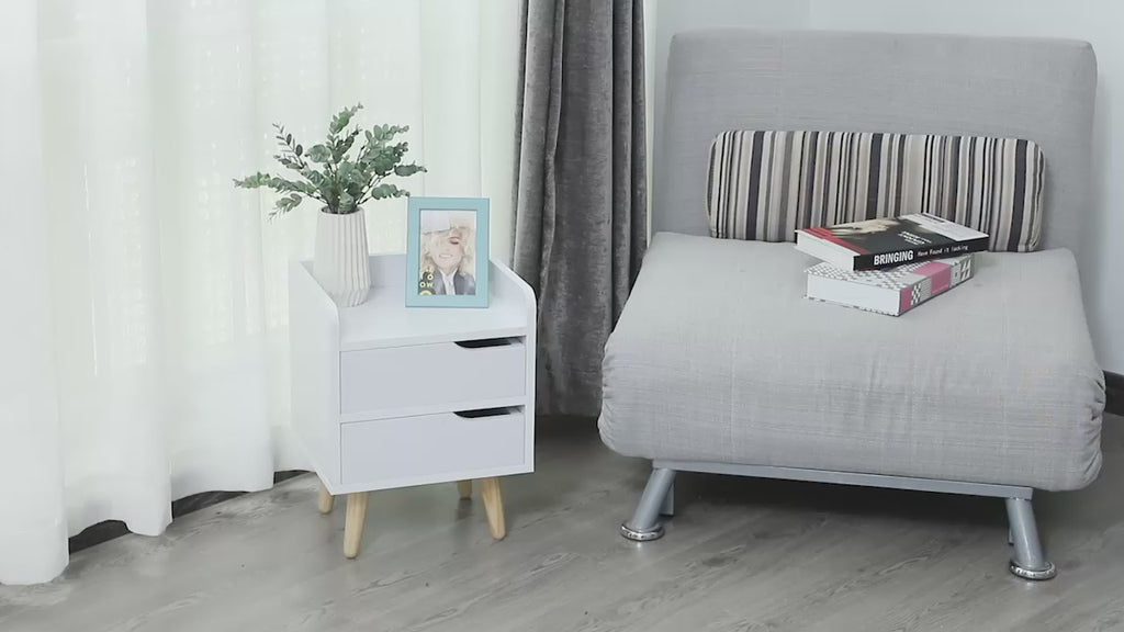 Mesa lateral de cabeceira multiuso para sala de estar ou quarto com 2 gavetas espaçosas Pernas de pinho elevado Design moderno 33x28x42cm Branco