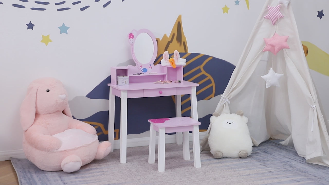 Toucador para Crianças com Banco e Espelho Toucador Infantil Estilo Princesa de Madeira 59x39x92cm Rosa