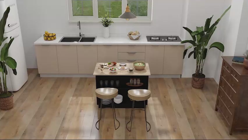 Ilha de Cozinha Móvel Auxiliar de Cozinha com 2 Prateleiras Abertas 2 Portas e Prateleiras Ajustáveis Estilo Moderno Capacidade 100 kg 105x60x82 cm Preto e Carvalho