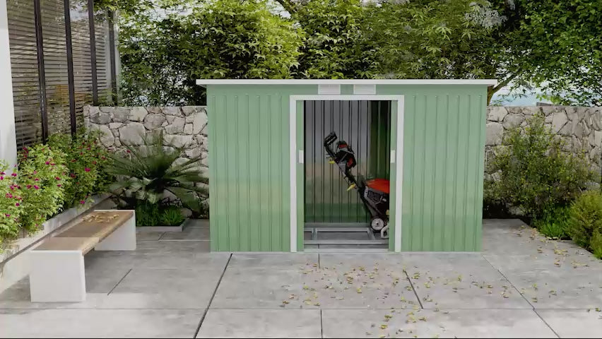 Abrigo de Jardim 280x130x172cm Abrigo de Exterior de Aço Galvanizado com Porta Corredeira e Ventilações para Armazenamento de Ferramentas Verde Claro