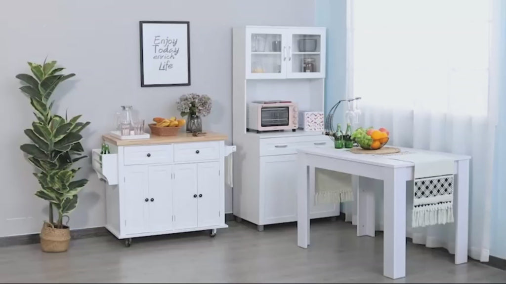 Ilha de Cozinha com Rodas Móvel Auxiliar de Cozinha com 2 Gavetas 4 Portas Suporte para Temperos e Barra Lateral 111x44,5x82,5cm Branco e Madeira