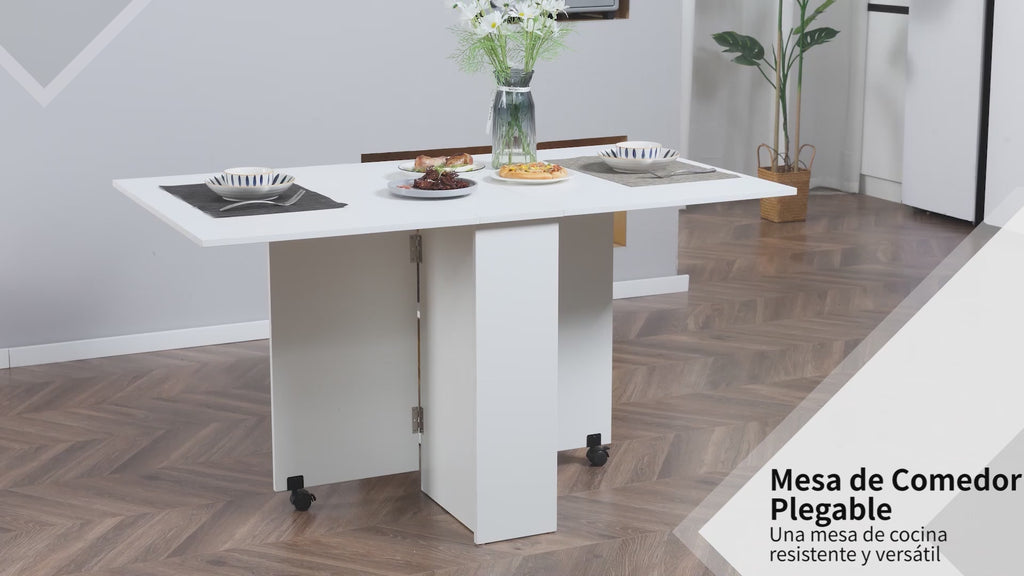 Mesa de Sala de Jantar Dobrável Mesa de Madeira com 2 Prateleiras de Armazenamento e Rodas para Cozinha 75x140x74 cm Branco