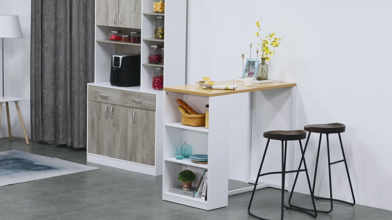 Mesa de bar Bistrô Mesa alta para jantar com 3 prateleiras Estrutura metálica Carga 100 kg 115x55x100 cm Branco e Carvalho