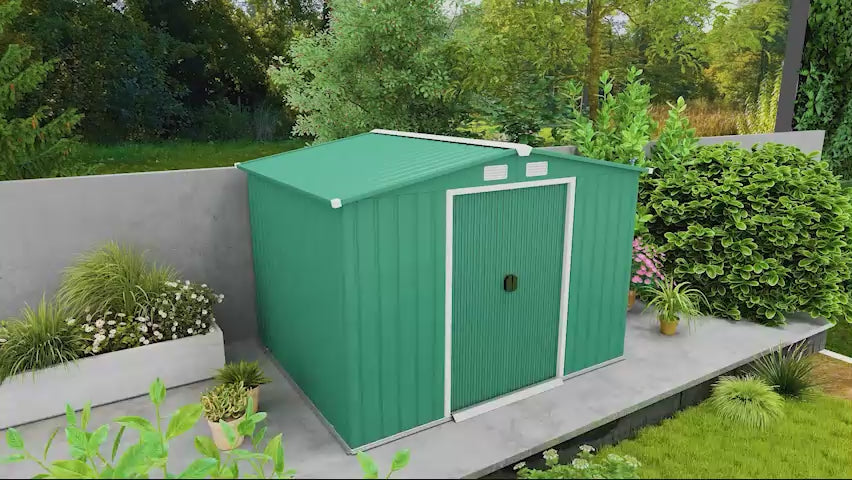 Abrigo de Jardim 258x206x178cm 5,3m² Abrigo de Aço Galvanizado com Portas de Correr e Ventilações para Armazenamento de Ferramentas Jardinagem Verde