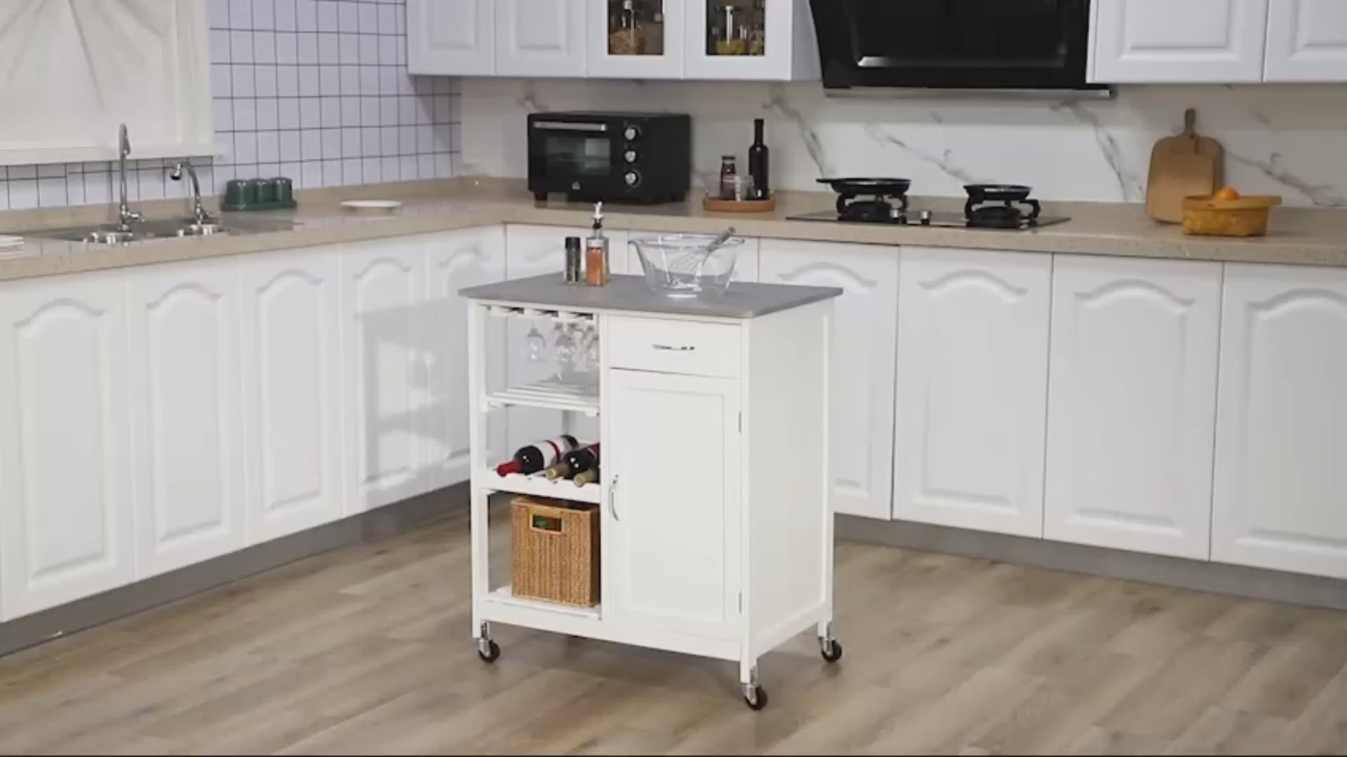 Carrinho de Cozinha com Rodas Carrinho de Cozinha com 1 Gaveta Prateleiras Removíveis Suporte para 4 Garrafas e Armário para Sala de Jantar Sala de Estar Carga 40kg 76x48x88cm Branco e Cinza