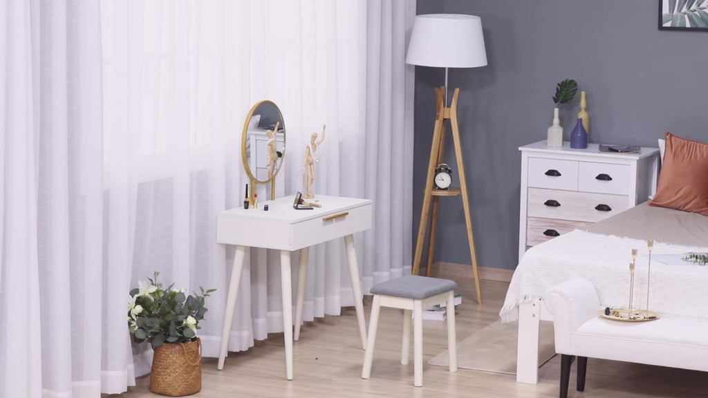 Toucador com Espelho Redondo Mesa de Maquilhagem com 2 Gavetas Estilo Moderno para Dormitório 80x40x123cm Branco