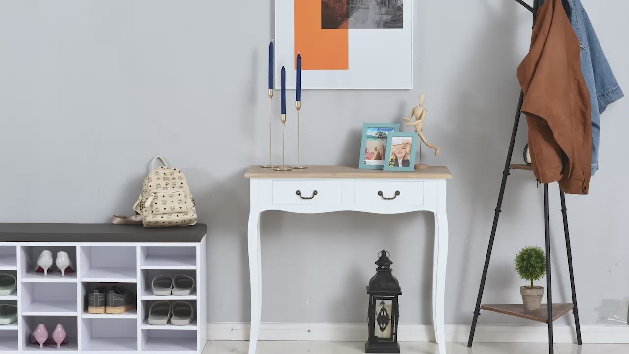 Mesa Consola Mesa Auxiliar com 2 Gavetas para Entrada Corredor Sala de Estar 87x34x78,5cm Branco e Madeira