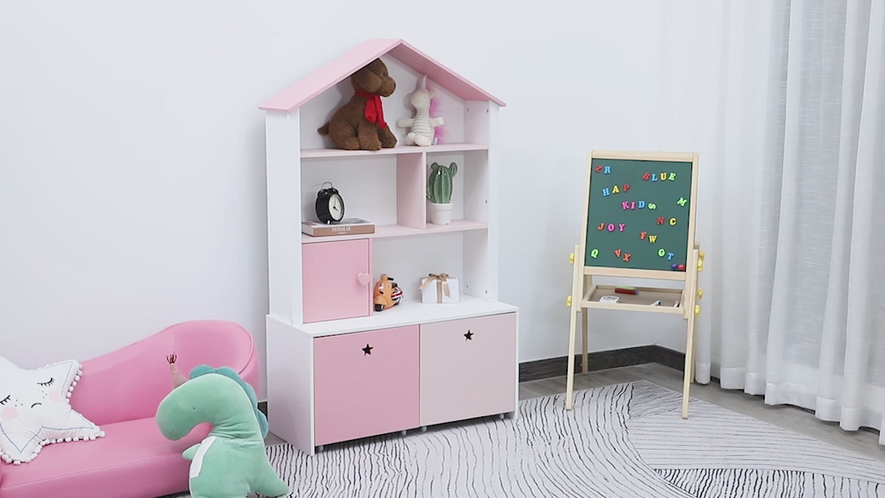 Estante de Madeira Infantil Estante de Livros para Crianças com 4 Compartimentos 1 Porta e 2 Gavetas Removíveis com Rodas para Livros Brinquedos 80x34x130cm Rosa e Branco