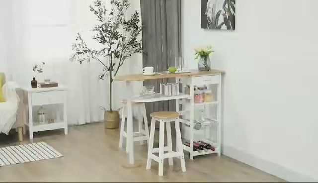 Conjunto de Mesa de Bar com 1 Gaveta 2 Prateleiras Cesta Removível e Suporte para Garrafas Mobiliário Alto com Mesa 119x38,5x88,5cm e 2 Bancos 29x29x55cm para Sala de Jantar Cozinha Branco