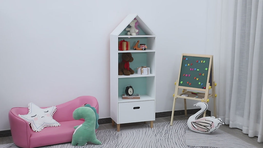 Estante infantil Estante de madeira para crianças para livros Brinquedos DVDs com 4 prateleiras 1 mesa de gaveta 2 cores Design compacto 50x30x142 cm Branco
