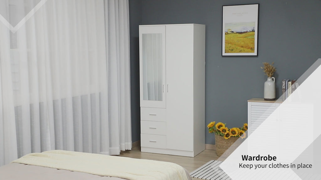 Armário Roupeiro de 2 Portas com Espelho 3 Gavetas Prateleiras Ajustáveis e Barra para Pendurar Incluida Roupeiro para Dormitório 80x50x180cm Branco