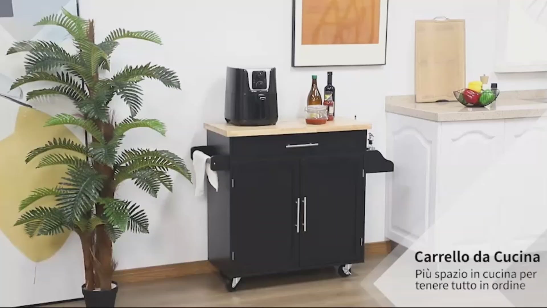 Carrinho de Cozinha com Armário Portas e Prateleira Interior Ajustável Gaveta Barra e Suporte para Temperos Móvel Aparador Auxiliar com Rodas para Sala de Jantar 109x40x89cm Preto