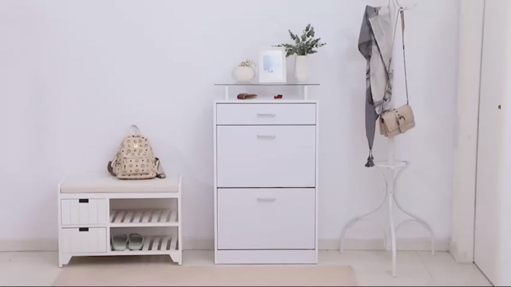 Móvel Sapateiro de 2 Portas Sapateiro Estreito para 12 Pares de Sapatos com Gaveta Prateleira Aberta e Bancada de Vidro para Corredor Entrada 60x24x105,5cm Branco