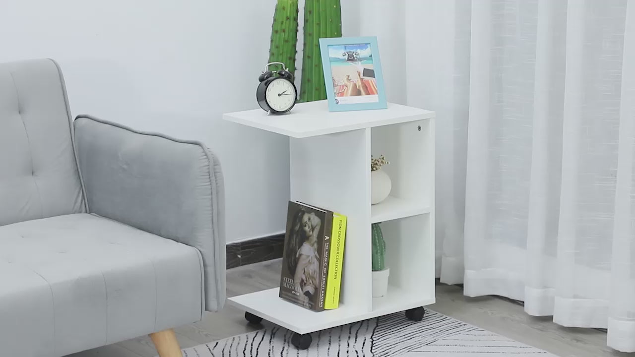 Mesa Auxiliar Moderna Mesa Auxiliar em Forma de C com Rodas e Prateleiras Abertas para Sala de Estar Dormitório 45x35x58 cm Branco
