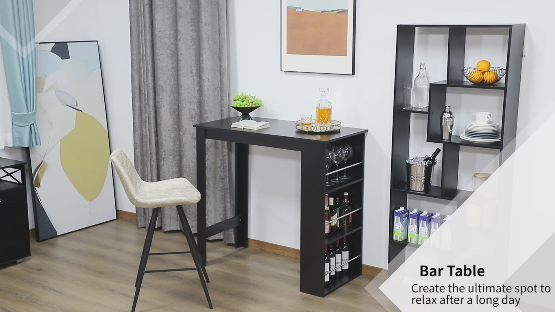 Mesa de Bar de Bistrô com 3 Prateleiras com Suporte Estilo Moderno para Cozinha Sala de Jantar Sala de Estar Estrutura de Melamina 112x57x106cm Preto