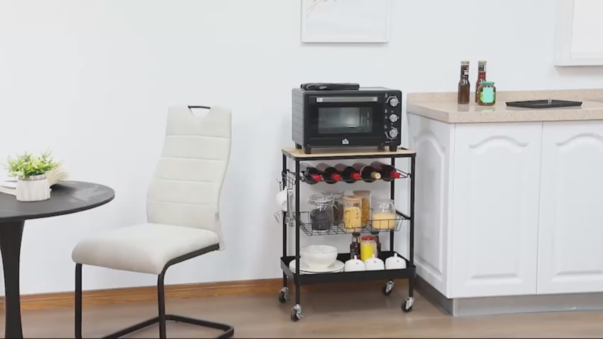 Carrinho de Cozinha com Rodas Carrinho de Cozinha Multiuso com Suporte para Garrafas Cesta Removível e 4 Ganchos para Sala de Jantar Sala de Estar 60,5x35,5x75cm Preto e Carvalho