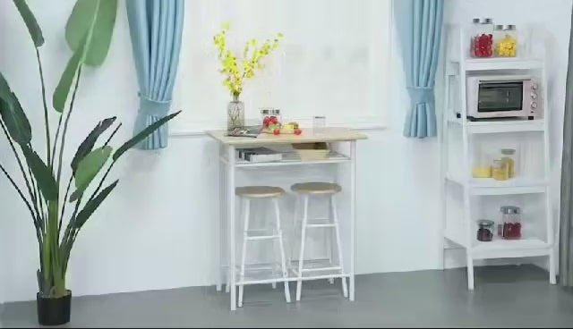 Conjunto de Móvel Bar Conjunto de Mesa Alta e 2 Bancos com Prateleira de Armazenamento e Estrutura de Metal para Cozinha Sala de Jantar 80x50x90cm Branco e Madeira
