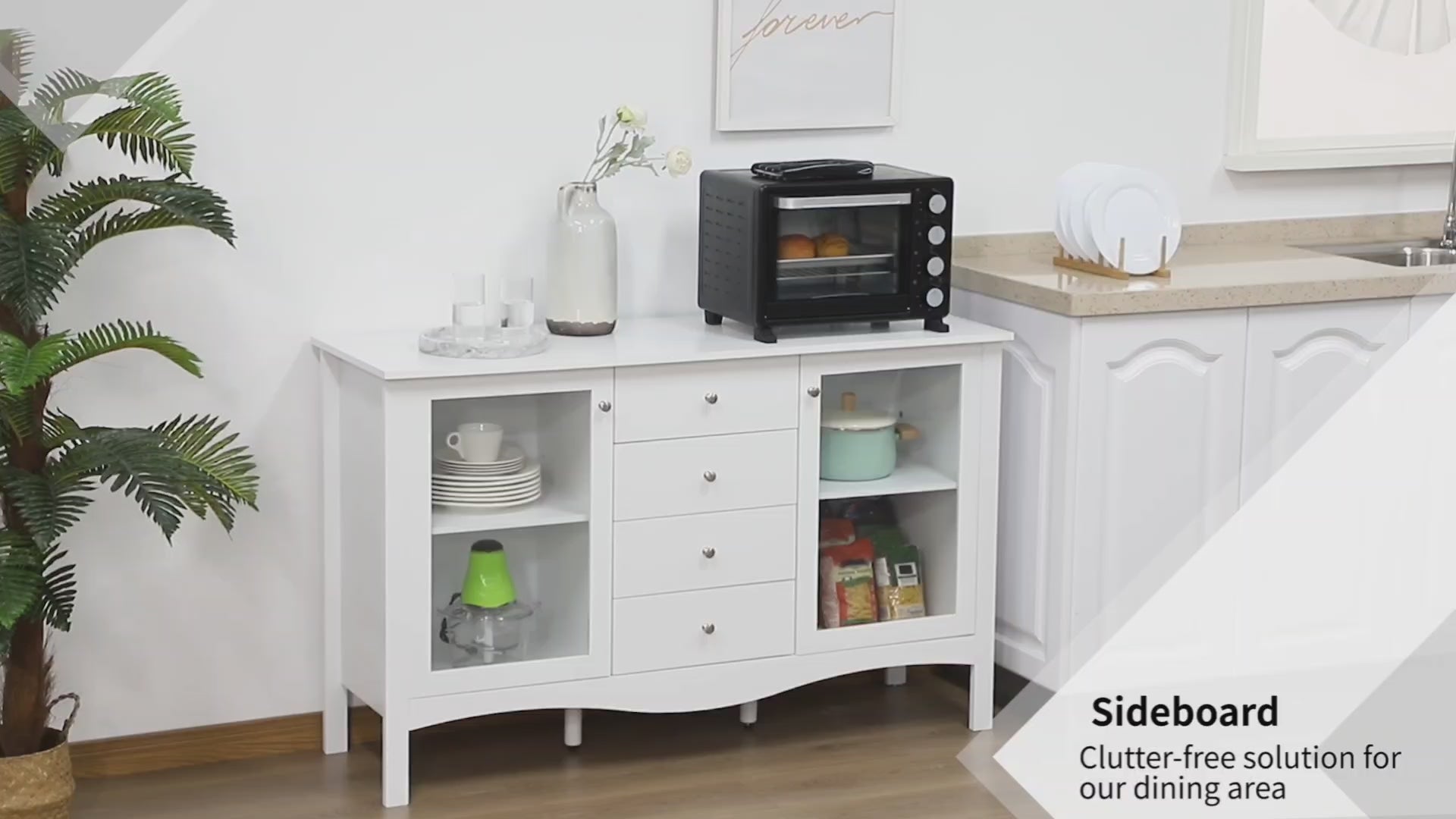 Aparador de Cozinha Armário Buffet com 2 Armários Porta de Vidro Prateleira Interior Ajustável e 4 Gavetas para Sala de Jantar Sala de Estar 136x45x85cm Branco