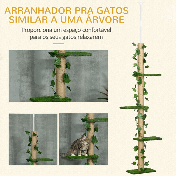 PawHut Árvore para Gatos do Chão ao Teto 37x21x202-242 cm Torre Arranhador para Gatos com Altura Ajustável 4 Plataformas de Relva Artificial Folhas Artificiais e Poste de Juta Verde