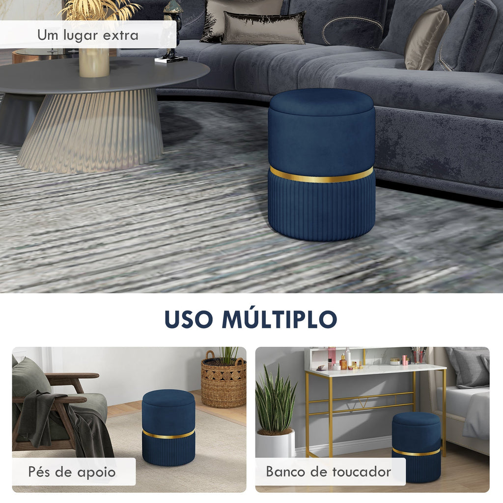 Puff Redondo com Arrumação – Modelo "Bergen" | Ø36x44 cm – Veludo Azul Escuro - A minha loja