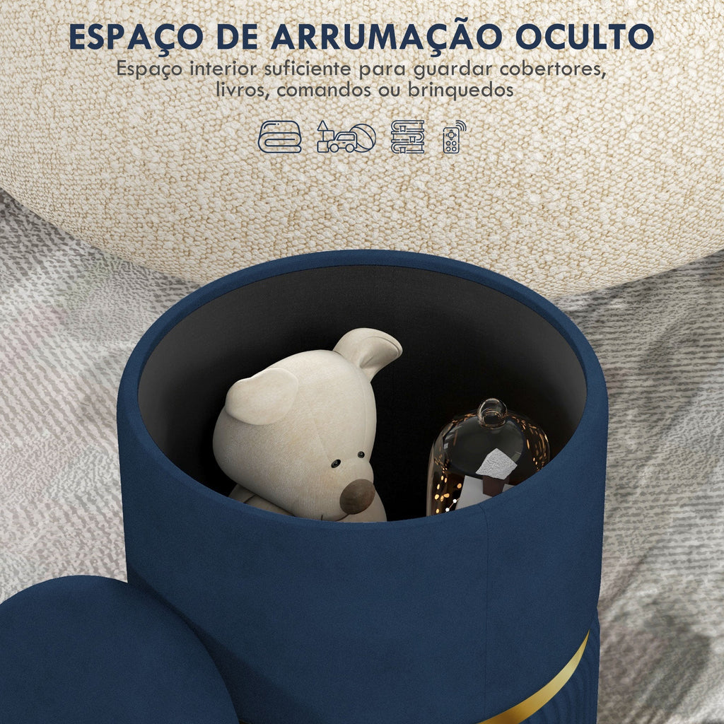 Puff Redondo com Arrumação – Modelo "Bergen" | Ø36x44 cm – Veludo Azul Escuro - A minha loja