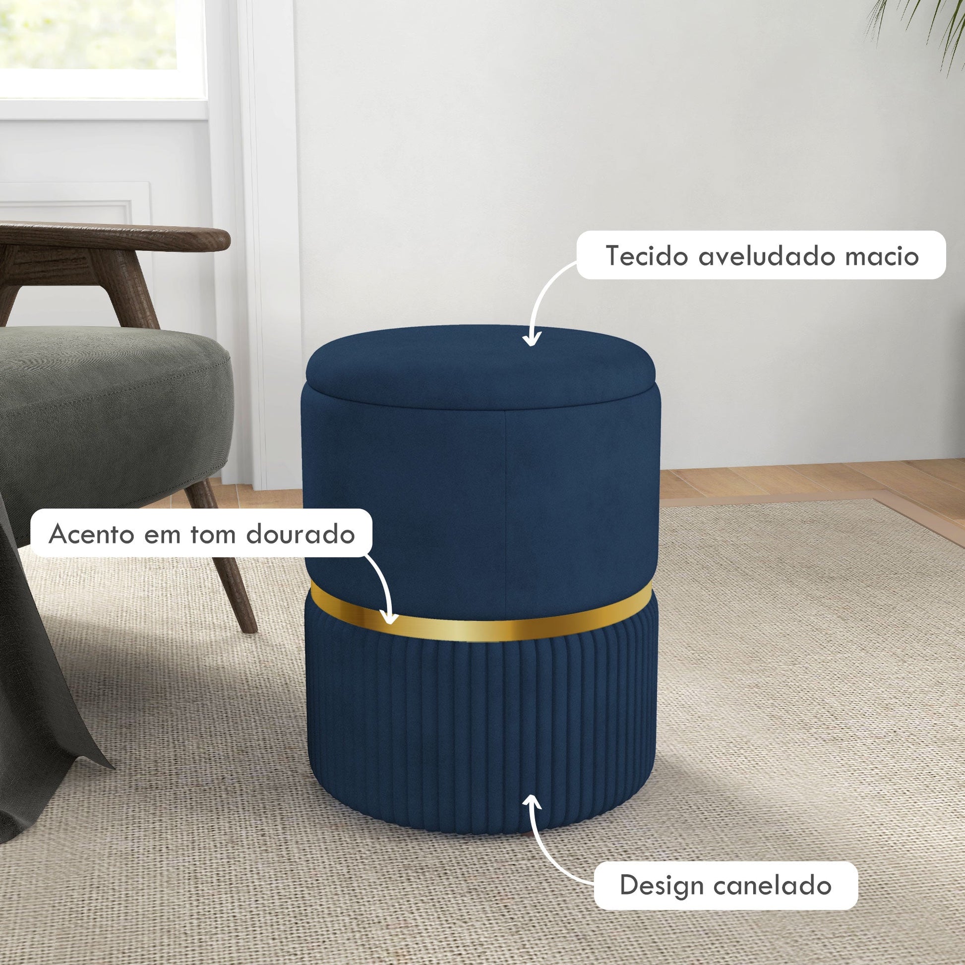 Puff Redondo com Arrumação – Modelo "Bergen" | Ø36x44 cm – Veludo Azul Escuro - A minha loja