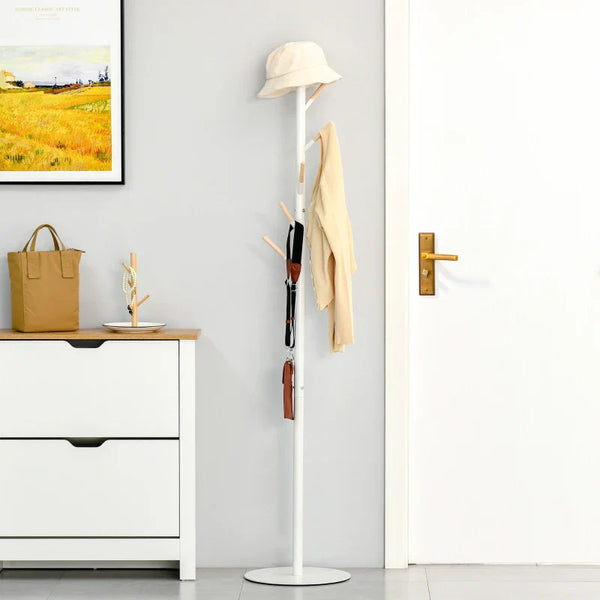 Cabide de Pé de Madeira Cabide de Pé com 6 Ganchos para Roupa Bolsas e Estrutura de Metal para Sala de Estar Entrada Dormitório 35x35x174cm Branco e Madeira