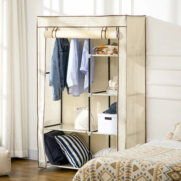 Roupeiro de Tecido Dobrável Armário de Roupa Portátil com 6 Prateleiras e 1 Barra de Pendurar para Dormitório Vestidor 103x43x162,5cm Creme