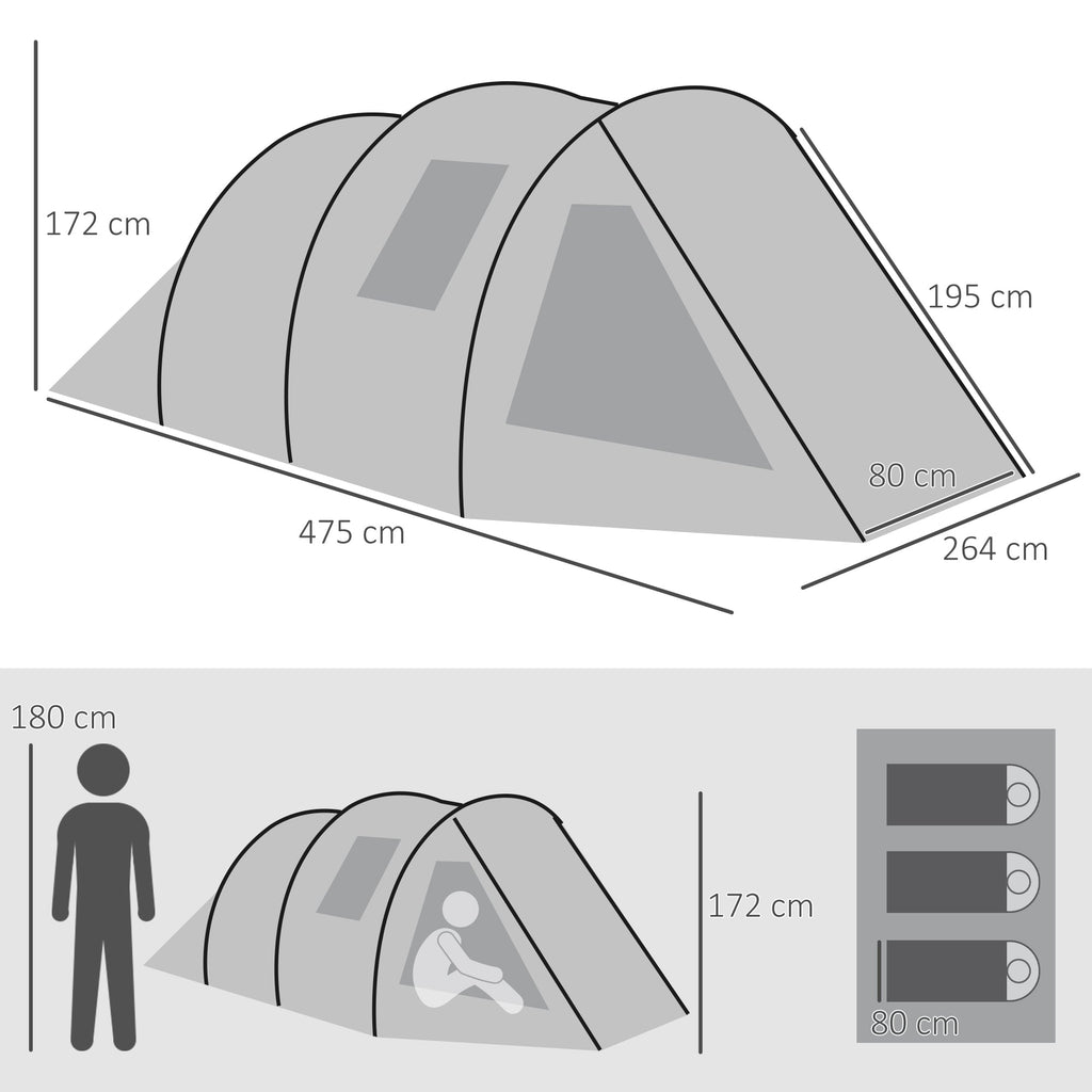 Tenda de Campismo para 3-4 Pessoas Impermeável PU2000 mm com Proteção UV30+ Janelas e Bolsa de Transporte 475x264x172 cm Verde