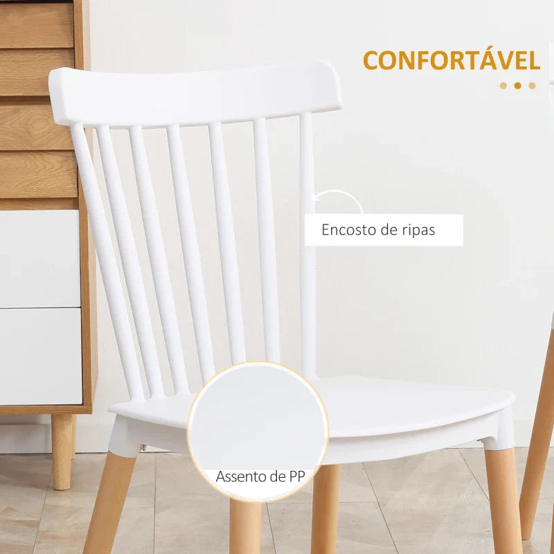 Conjunto de 4 Cadeiras Estilo Nórdico Cadeiras de Cozinha com Encosto Alto Assento de Polipropileno e Pés de Madeira de Faia Carga Máx. 120kg 48x52,5x83cm Branco e Madeira