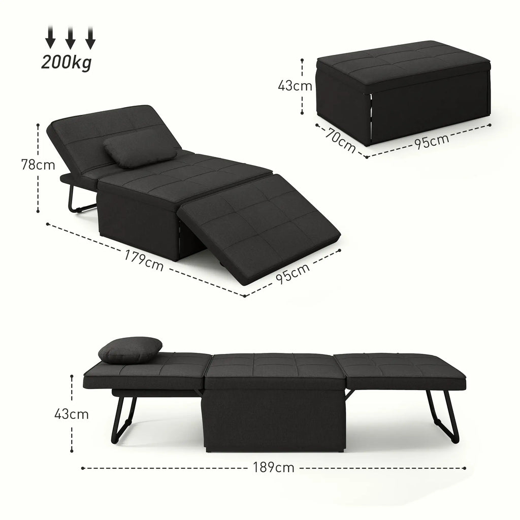 Sofá Cama Individual 3 em 1 Estofado em Linho Sofá Reclinável em 5 Posições com Apoio para os Pés e Apoio para a Cabeça para Sala de Estar Carga Máxima 200kg 95x189x43 cm Preto