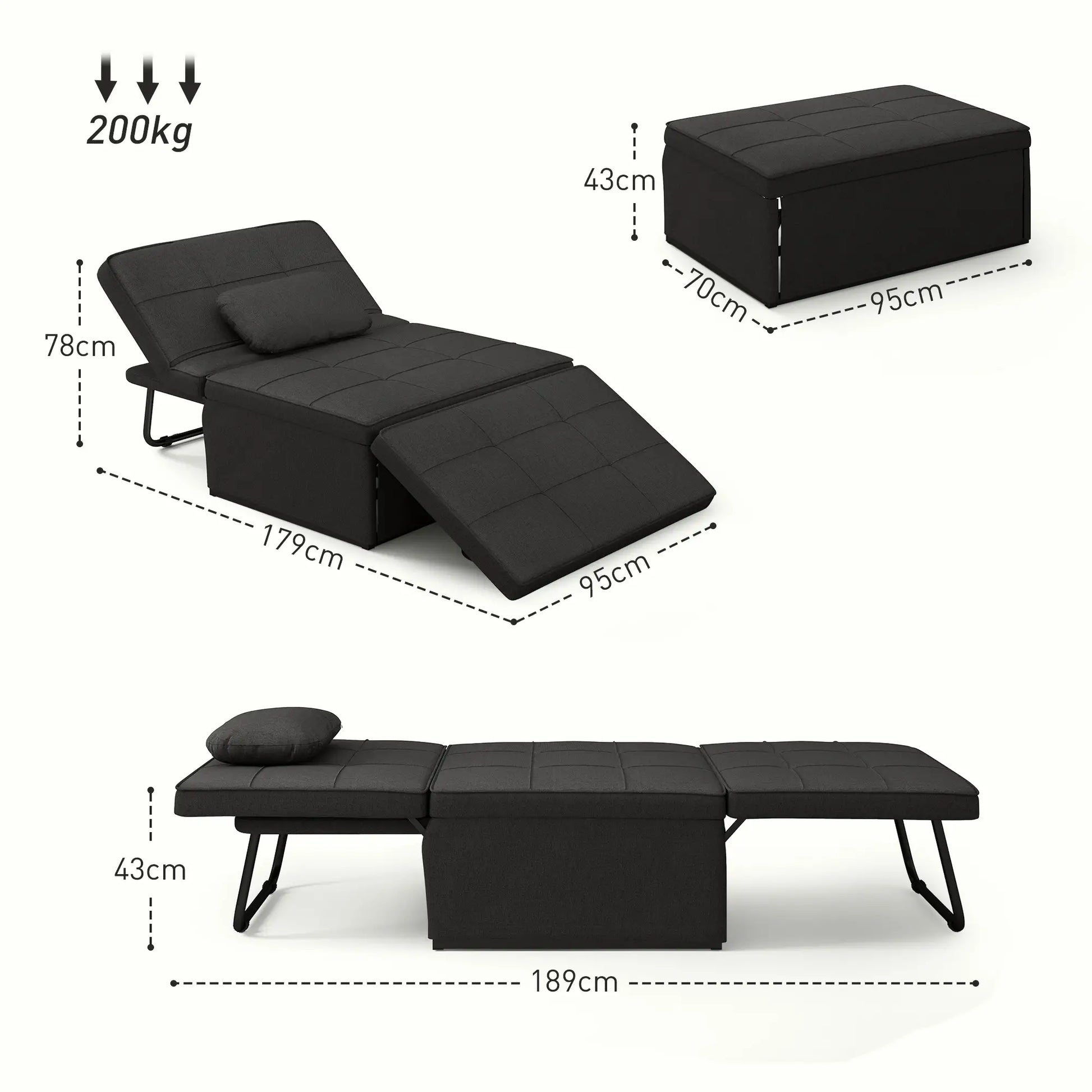 Sofá Cama Individual 3 em 1 Estofado em Linho Sofá Reclinável em 5 Posições com Apoio para os Pés e Apoio para a Cabeça para Sala de Estar Carga Máxima 200kg 95x189x43 cm Preto