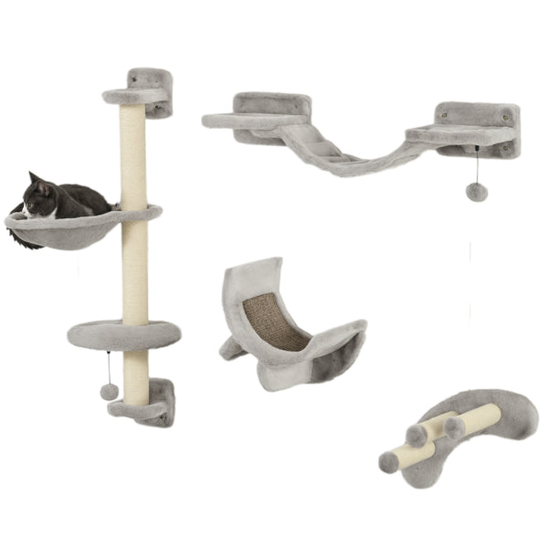 PawHut Conjunto de Prateleiras para Gatos de 4 Peças Arranhador de Parede para Gatos com Rede Postes Arranhadores Escada Suave e Plataformas Cinza