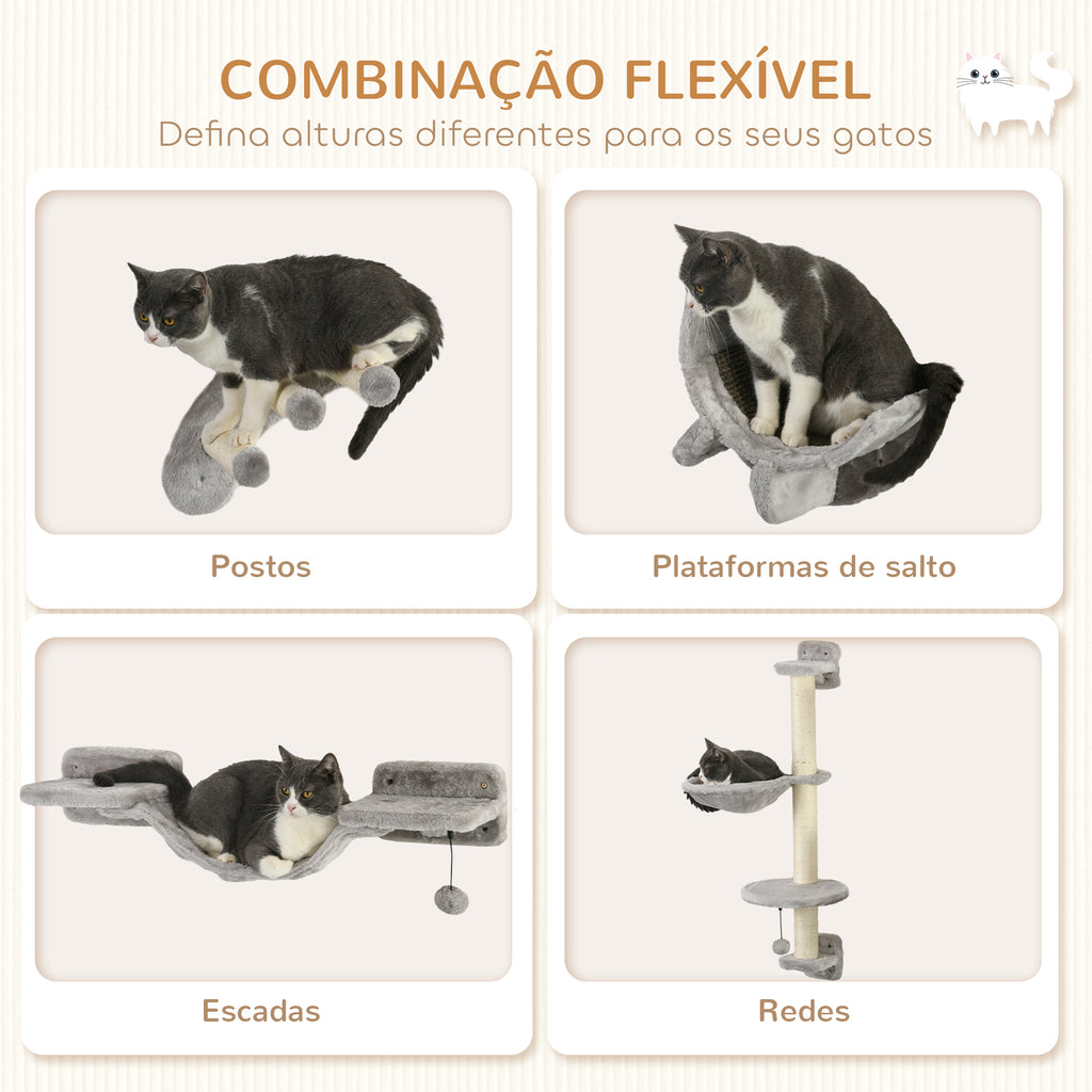 PawHut Conjunto de Prateleiras para Gatos de 4 Peças Arranhador de Parede para Gatos com Rede Postes Arranhadores Escada Suave e Plataformas Cinza