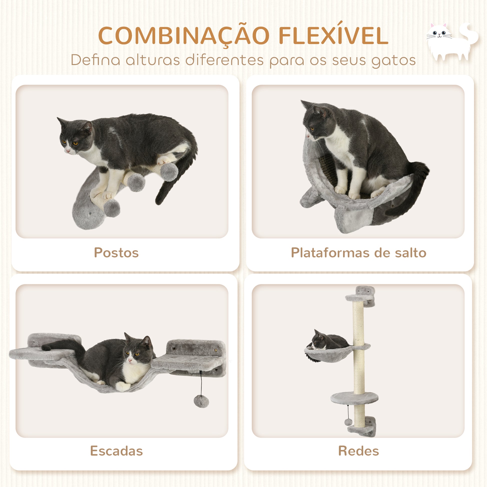 PawHut Conjunto de Prateleiras para Gatos de 4 Peças Arranhador de Parede para Gatos com Rede Postes Arranhadores Escada Suave e Plataformas Cinza