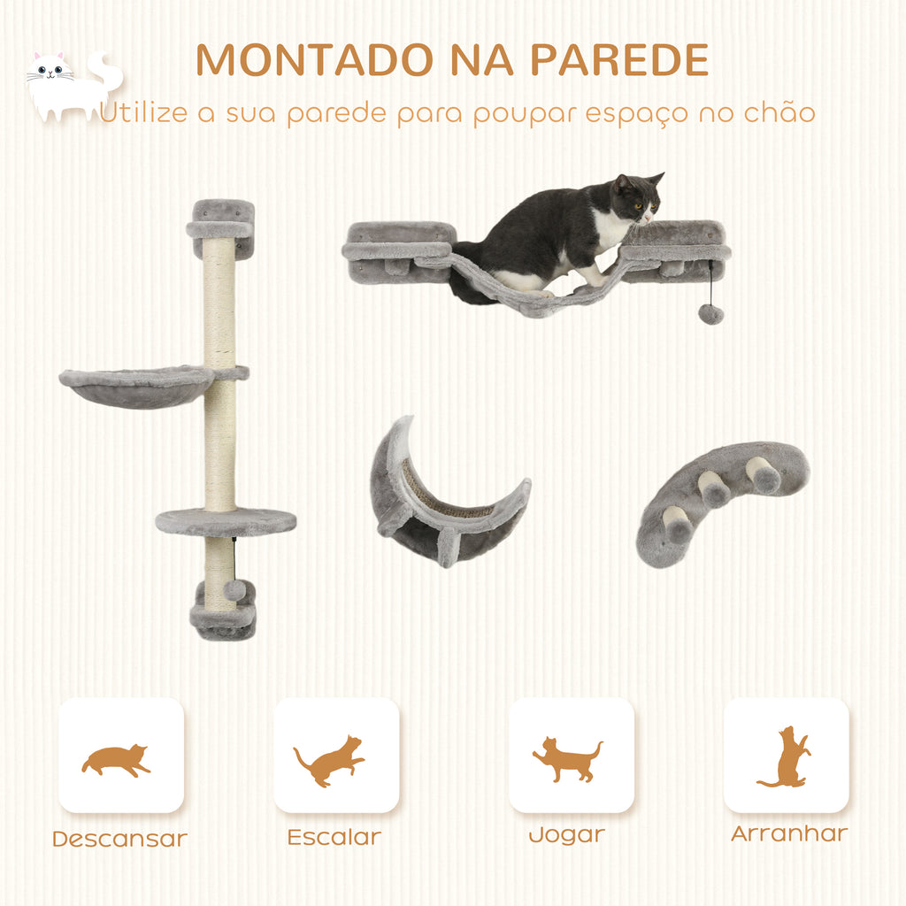PawHut Conjunto de Prateleiras para Gatos de 4 Peças Arranhador de Parede para Gatos com Rede Postes Arranhadores Escada Suave e Plataformas Cinza