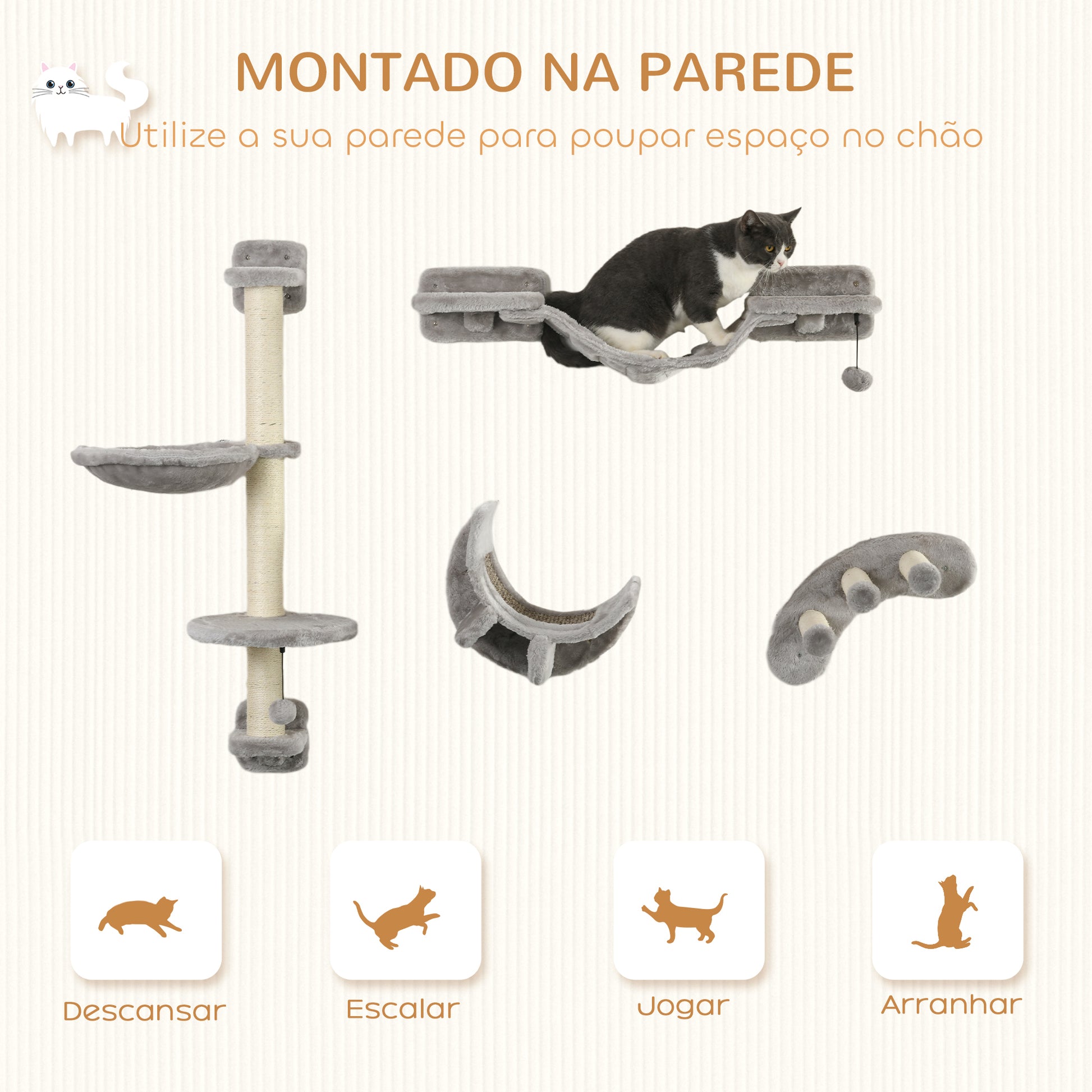 PawHut Conjunto de Prateleiras para Gatos de 4 Peças Arranhador de Parede para Gatos com Rede Postes Arranhadores Escada Suave e Plataformas Cinza