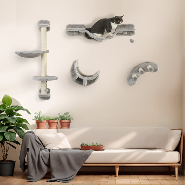 PawHut Conjunto de Prateleiras para Gatos de 4 Peças Arranhador de Parede para Gatos com Rede Postes Arranhadores Escada Suave e Plataformas Cinza