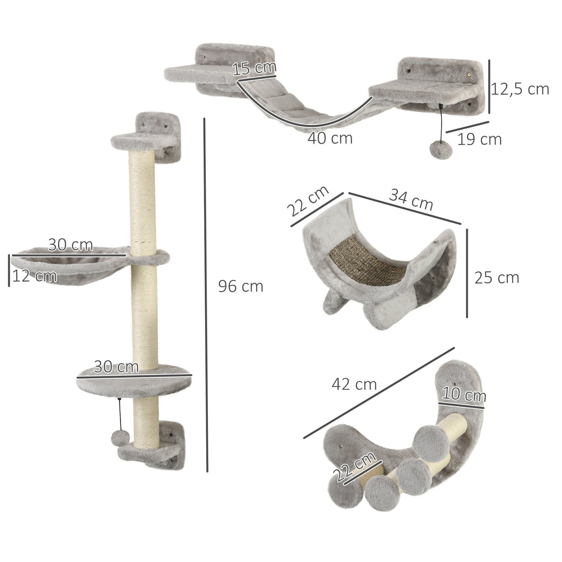 PawHut Conjunto de Prateleiras para Gatos de 4 Peças Arranhador de Parede para Gatos com Rede Postes Arranhadores Escada Suave e Plataformas Cinza
