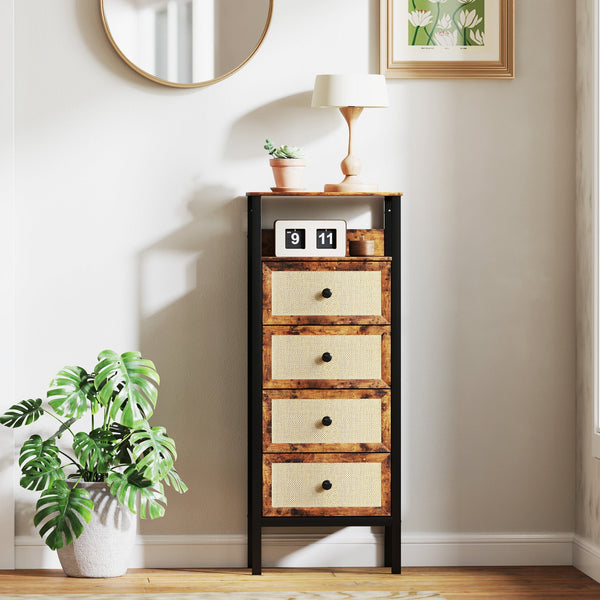 Cómoda de Tecido Cómoda para Dormitório com 4 Gavetas com Frente em Vime Prateleira e Estrutura em Aço para Sala de Estar 50x30x126 cm Marrom Rústico