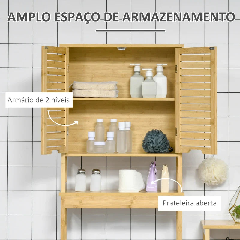 kleanklin Móvel de Bambú sobre Sanita Armário Alto para Casa de Banho com 2 Portas 1 Prateleira Interior e 1 Prateleira de Armazenamento 60x23x173cm Natural