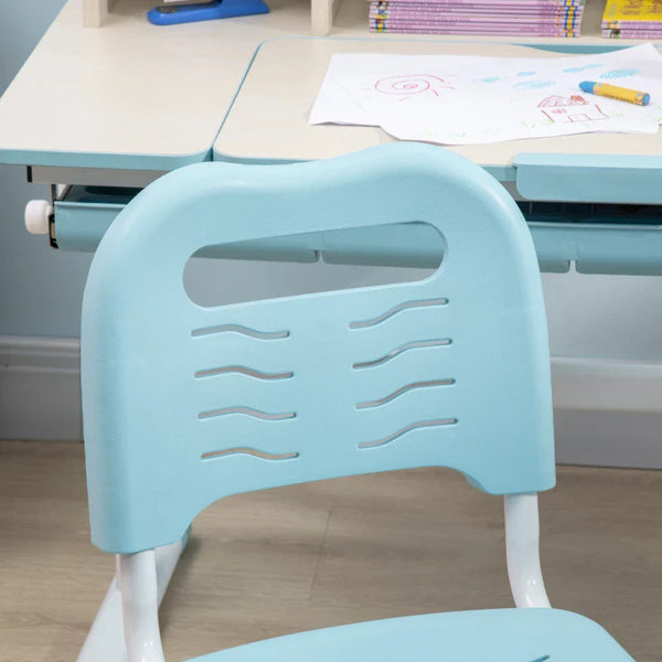 Conjunto de Secretária e Cadeira para Crianças acima de 3 Anos com Altura Ajustável Secretária Infantil com Bancada Inclinável Gaveta e Prateleira para Livros 80x52x88x109cm e 35,5x44,5x66-80cm Azul