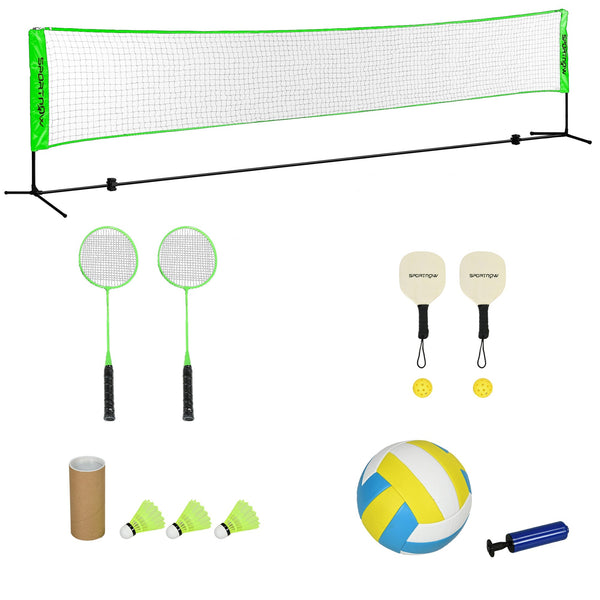 SPORTNOW Kit de Badminton de 7 Peças Jogo de Badminton com 2 Raquetes 3 Badminton 2 Raquetes de Pickleball 2 Bolas de Pickleball Bola de Voleibol e Rede com Suporte Preto e Verde