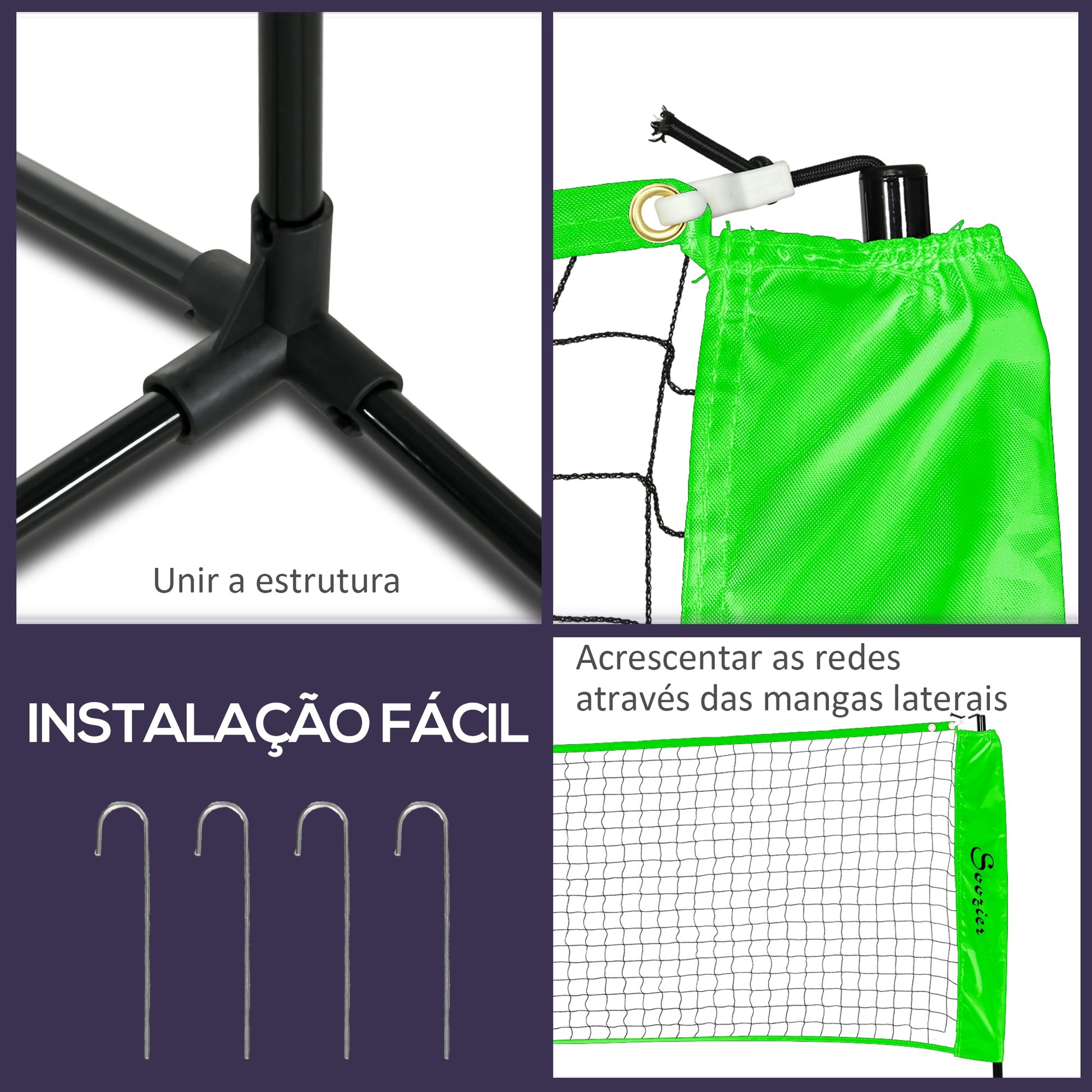 SPORTNOW Kit de Badminton de 7 Peças Jogo de Badminton com 2 Raquetes 3 Badminton 2 Raquetes de Pickleball 2 Bolas de Pickleball Bola de Voleibol e Rede com Suporte Preto e Verde