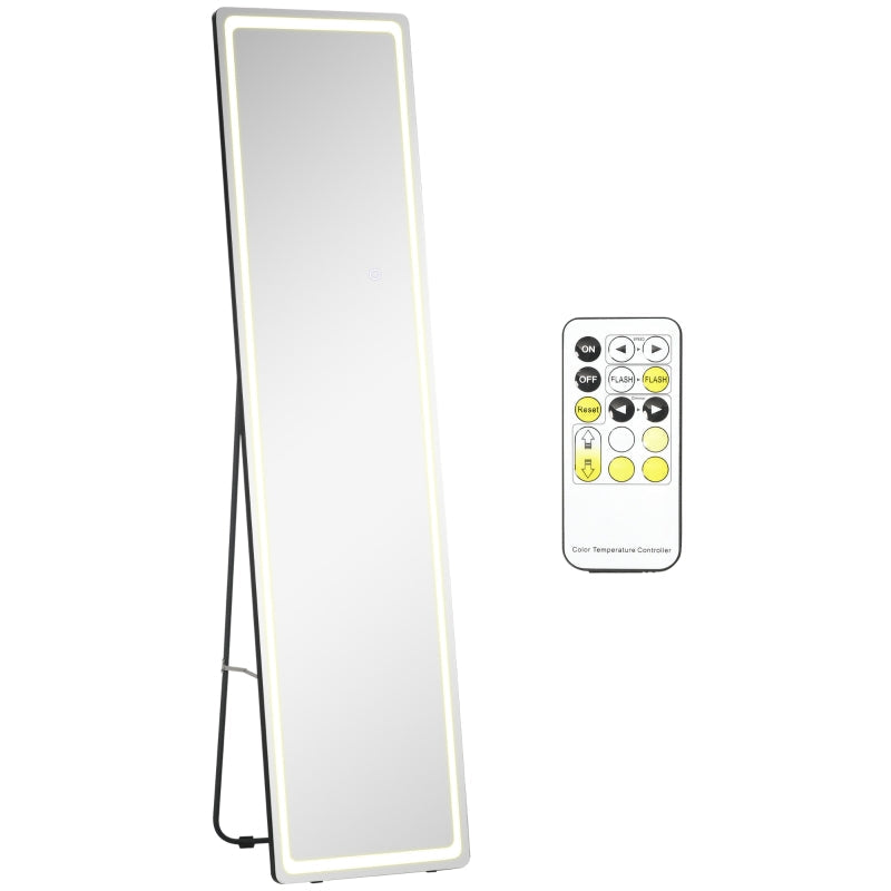 Espelho de Pé de Corpo Inteiro Espelho de Pé com Luzes LED Controlo Remoto 3 Cores de Luzes Ajustável Brilho Ajustável e Estrutura de Alumínio 40x51x156,5cm Prata e Preto