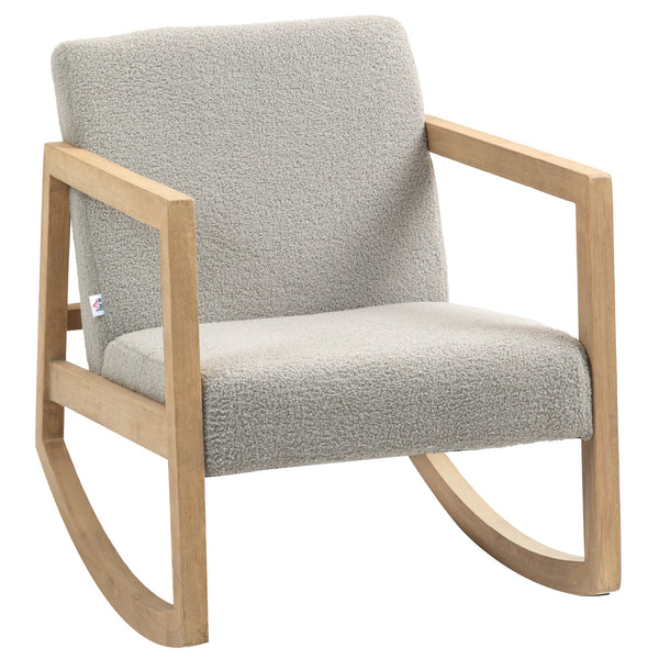 Poltrona Baloiço Estofada em Tecido em Borrego Poltrona Baloiço com Assento Acolchoado Apoio para os Braços e Pés de Madeira de Borracha para Sala de Estar Dormitório 60x81x71 cm Cinza