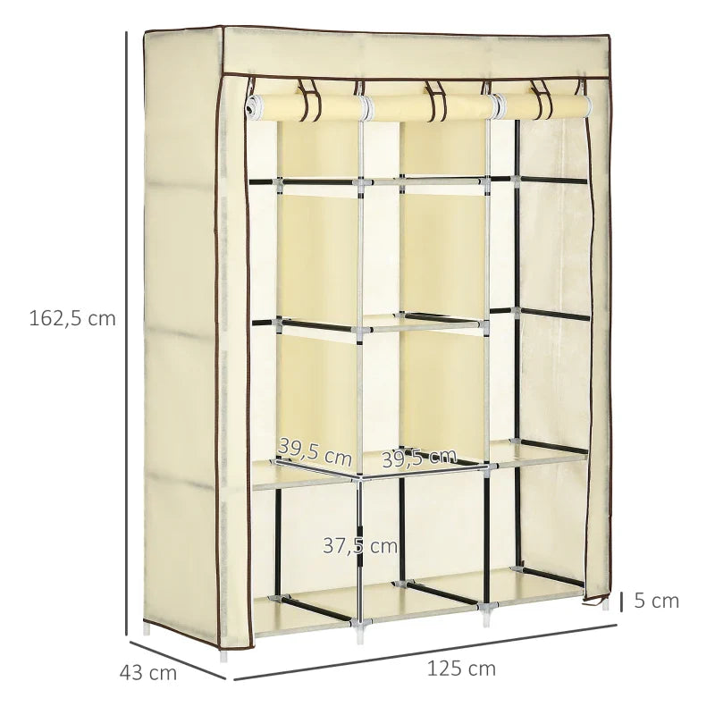 Roupeiro de Tecido Dobrável Armário Portátil com 8 Prateleiras de Armazenamento e 2 Barras de Pendurar Organizador de Roupa para Dormitório Vestidor 125x43x162,5cm Creme